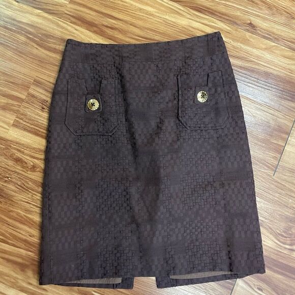 Milly New York Brown Pencil mini Skirt Gold Buttons 8 Fits 6 - Picture 2 of 4